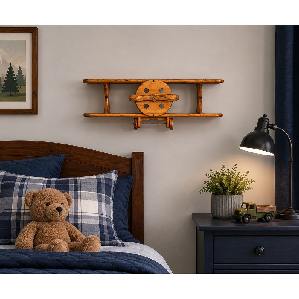 Wooden Airplane Wall Shelf Kids‎ Brown Biplane Rustic Nursery Decor